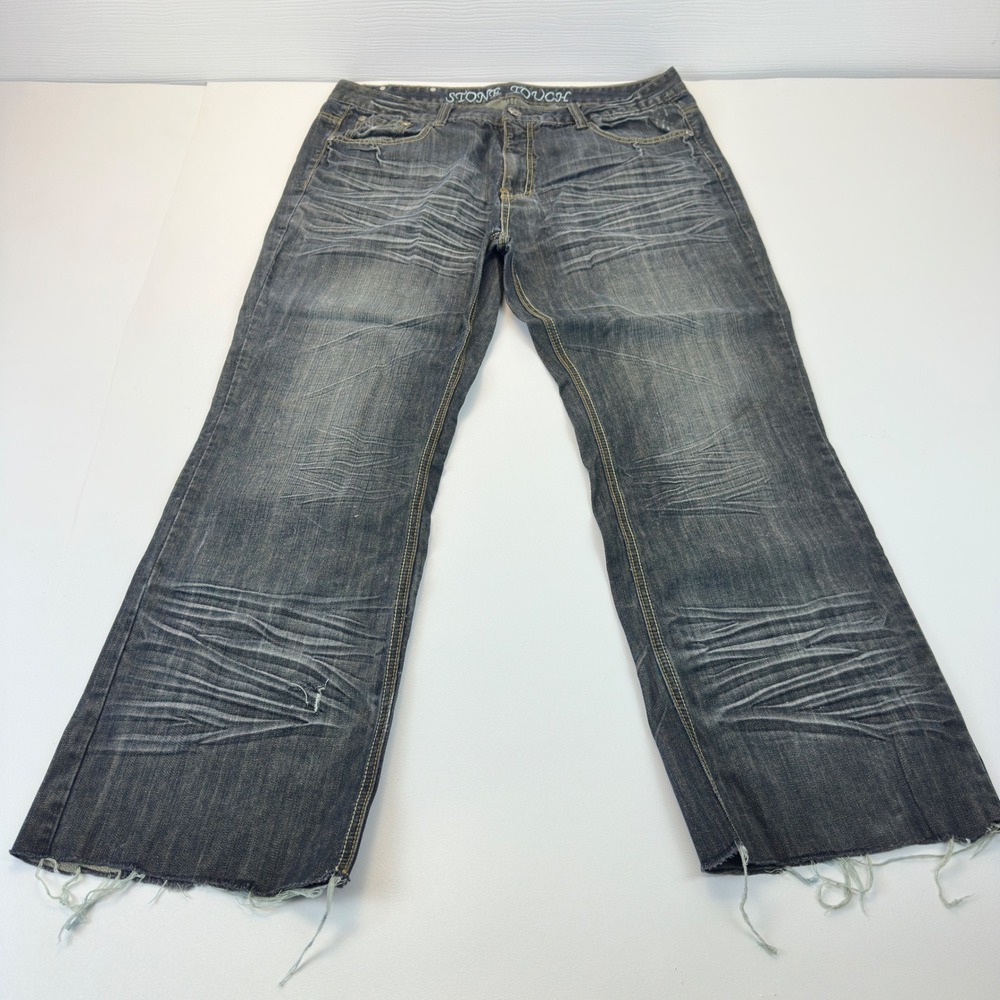 Stone Touch Mens Distressed Dark Wash Straight Leg Jeans W38 L32 Frayed Hem